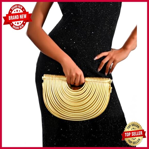 Half Moon Evening Clutch with Removable Strap, Metallic PU Leather, 11.9 Inches - Picture 2 of 7